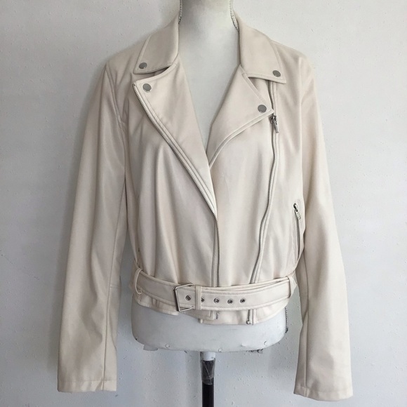 And Now This Jackets & Blazers - AND NOW THIS WOMEN STYLISH CREAM FAUX LEATHER COLLARED ZIPPER MOTO JACKET SZ L